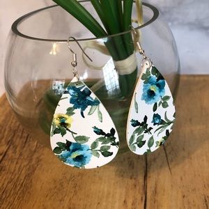 Faux Leather Blue Floral Teardrop Earrings